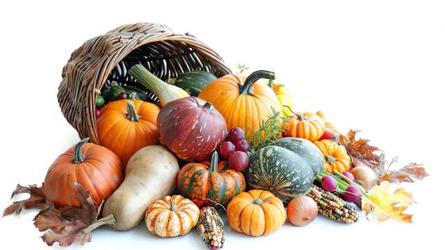 A colorful basket overflowing with various types of pumpkins, perfect for decoration or harvest-themed events