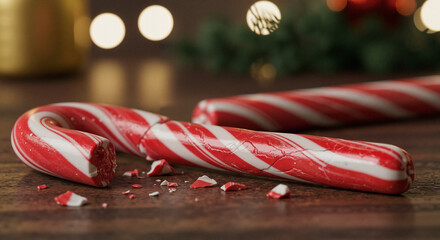 Cracked candy cane on wooden table with festive holiday lights  