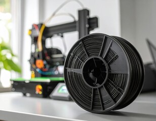 3D printer filament spool and machine in focus.