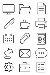 Office work essentials icons in minimalistic line art style: computer, file folder, document icon, printer, pen, coffee cup, paperclip, calculator,