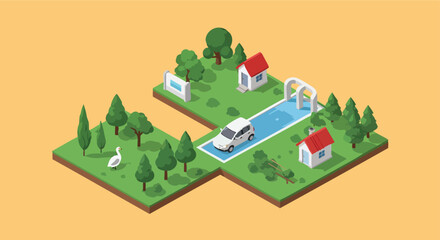 Isometric village map with houses car trees and swan community environment transport flat vector nature
