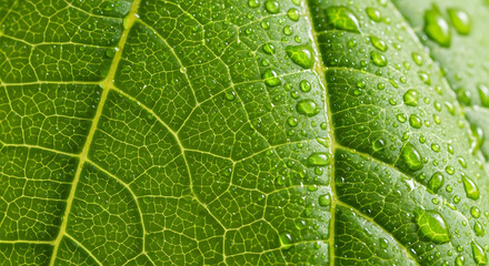 Fresh Green Leaf with Water Droplets and Detailed Veins