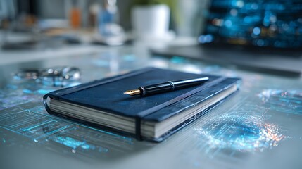 Close up of a black pen resting on a closed notebook on a desk with a blurred background scene