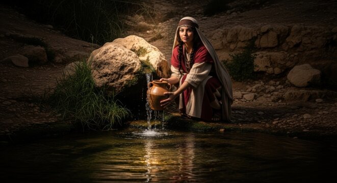 Woman in ancient dress filling a clay jar with fresh water from a desert spring in biblical times. Concept of life and sustenance.