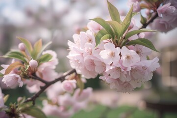 Fototapeta premium Spring blossoms on a flowering tree branch, close-up view