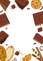 Chocolate vertical frame with cookies, cacao beans and wafer rolls. Vector hand drawn illustration for packaging design, menu labels, flyers and invitations with blank copy space