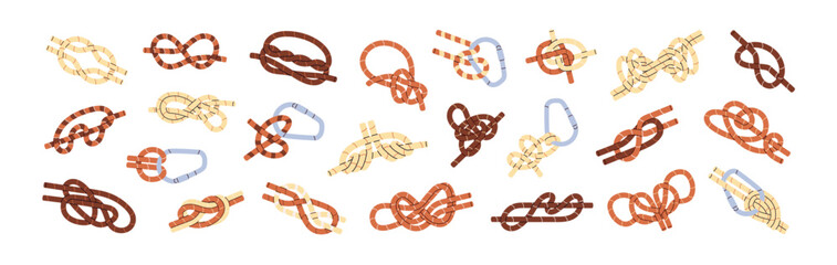 Set of different techniques of rope knots. Reefing of nodes for climbing. Various bonds: sailor, marine, hitch, with carabiner. Tied strings. Flat isolated vector illustrations on white background