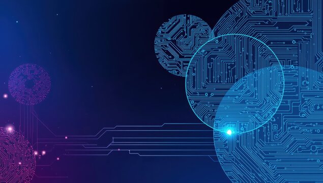 Abstract digital circuit board design with overlapping circles, showcasing intricate patterns and vibrant color gradients.