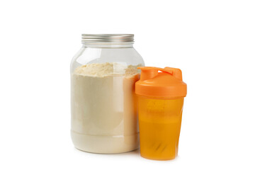 Protein powder.protein shake isolated on white background.Shaker bottle with protein.Food supplement.Whey protein powder with shaker for mixing.Sports nutrition.Concept of sports and healthy lifestyle