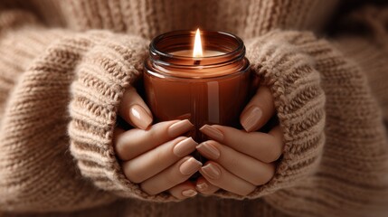 Woman wearing knitted sweater holding burning candle in amber jar