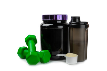 Protein powder.protein shake isolated on white background.Shaker bottle with protein.Food supplement.Whey protein powder with shaker for mixing.Sports nutrition.Concept of sports and healthy lifestyle