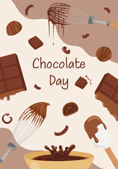 Chocolate Day poster with dripping glaze, drops, whisk and assorted candies. Vector hand drawn food vertical banner illustration for confectionery holiday and sweet festival design