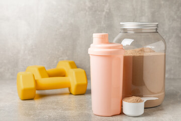 Protein powder. protein shake. Shaker bottle with protein. Food supplement. Whey protein powder...