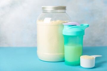 Protein powder. protein shake. Shaker bottle with protein. Food supplement. Whey protein powder...