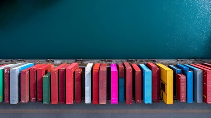 A vibrant collection of books in various colors neatly arranged on shelves, creating a visually appealing and organized display.