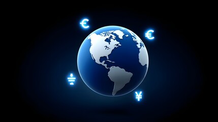 Fototapeta premium A vibrant, illuminated 3D globe depicting the world map, with currency symbols such as the dollar, euro, and yen floating around it, symbolizing the interconnected global economy and financial
