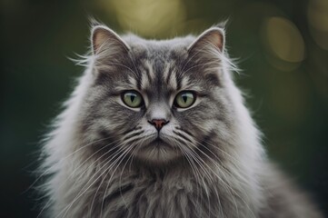 Close-up of a soft gray feline gazing at the camera with a blurred backdrop