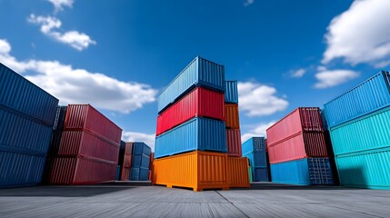 Fototapeta premium A large array of colorful shipping containers stacked in neat rows and columns, representing the logistics and transportation of international cargo and trade.