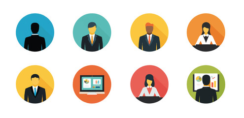 Diverse business people avatars for company website vector illustrations with professional dress and presentation icons