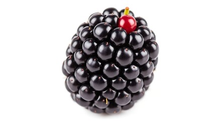 Single ripe blackberry with red stem detail on white background