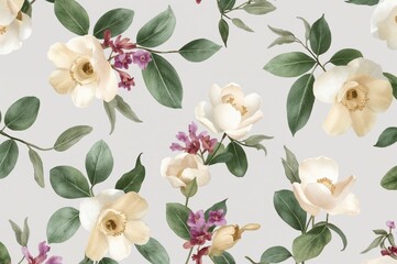 Floral seamless design featuring blossoms and foliage of the ruellia tuberosa plant against a gray backdrop