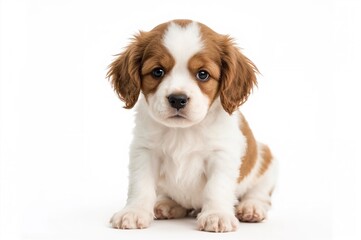 Five-month-old English Cocker Spaniel puppy on a plain white backdrop