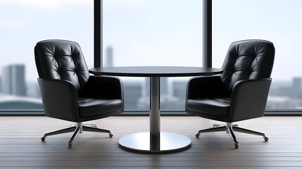 Stylish and comfortable leather office chairs arranged around a sleek table, set against a panoramic window overlooking an urban skyline.
