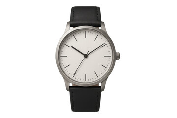 Wristwatch with black leather bracelet and white dial showing time on transparent background