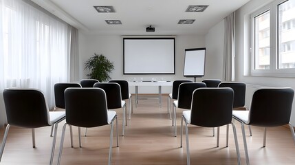 Spacious and well-lit conference room with rows of black chairs facing a large projection screen, surrounded by minimalist decor and natural lighting from the window.