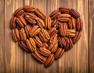 Pile of love shaped pecans on a wooden background.