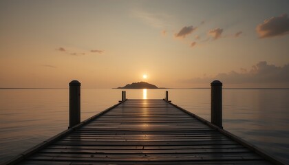 Fototapeta premium serene wooden pier extending into calm water during tranquil sunset with distant island