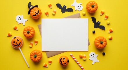 黄色背景のハロウィン飾り付けと空白カード