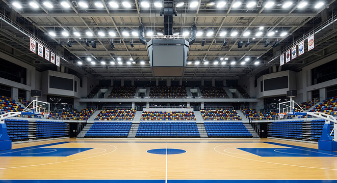 Modern empty basketball arena with a polished wooden court and colorful spectator seats.