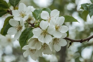 Fototapeta premium Close-Up of Pear Tree Blossoms with Blurred Background and Selective Focus