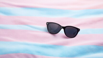 Black tint on a pair of sunglasses resting on a beach towel, ready for a sunny day ahead.
