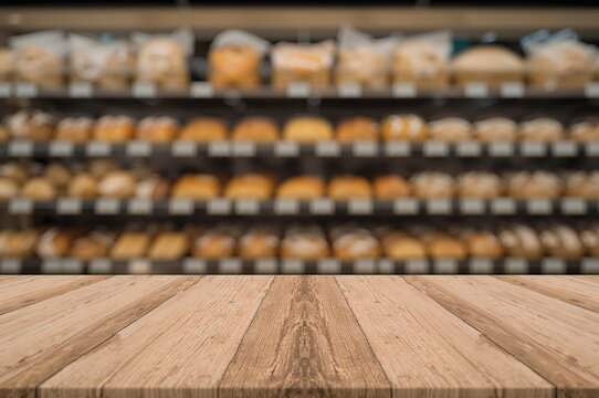 Bakery section inside a grocery store with various breads and pastries on display. Blurred background and wooden counter in front.