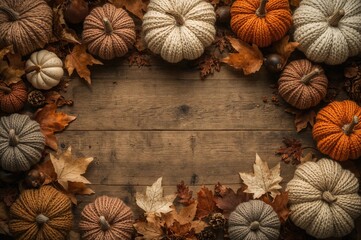 Fototapeta premium Autumn and winter craft setup featuring knitted pumpkins and shimmering maple leaves in a flat lay style