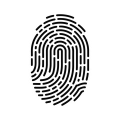 Black and white fingerprint icon on a plain background