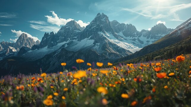 A breathtaking vista of a vibrant flower-filled meadow stretching towards a majestic snow-capped mountain range under a clear, sunny sky.