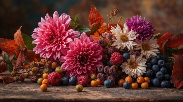 A vibrant arrangement of pink dahlias, white daisies, and purple asters, accompanied by berries and autumn leaves, creates a warm and inviting autumnal still life. - Powered by Adobe