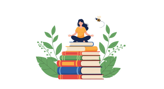 Woman meditating atop stacked books finds inner peace surrounded by nature's calm