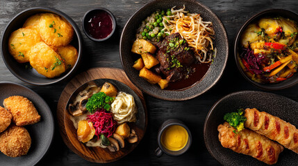 Overhead shot of several bowls and plates filled with various dishes