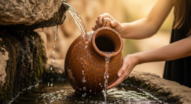 Young woman filling clay jug with water from an ancient stone spring. Thirst quenching, spiritual living water concept for religious themes.