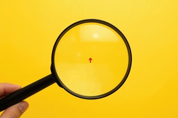 A red arrow pointing inward is emphasized by a magnifying glass against a yellow backdrop, symbolizing focus on a specific goal.