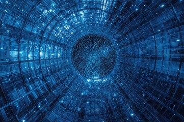 A sweeping wide-angle shot of a towering glass skyscraper in a futuristic urban landscape set against a radiant blue steel backdrop. A concept highlighting success in business, industry, and