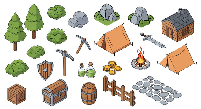 Isometric fantasy game assets for adventure maps and RPG Trees Rocks Tents Cabin Sword Coins