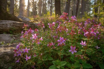 Obraz premium Blooming Herb Robert (Geranium robertianum) flowers lining a hiking path in the summer season