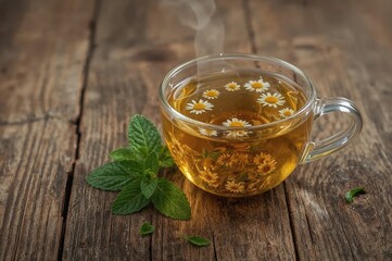 Fototapeta premium Glass bowl of herbal tea with chamomile blossoms and honey on a vintage wooden surface, focused detail