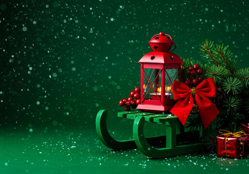 Decorative red lantern on green sled with Christmas gifts and pine branches during festive holiday season
