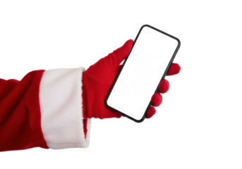 Santa Claus holds a smartphone in a festive setting during the holiday season